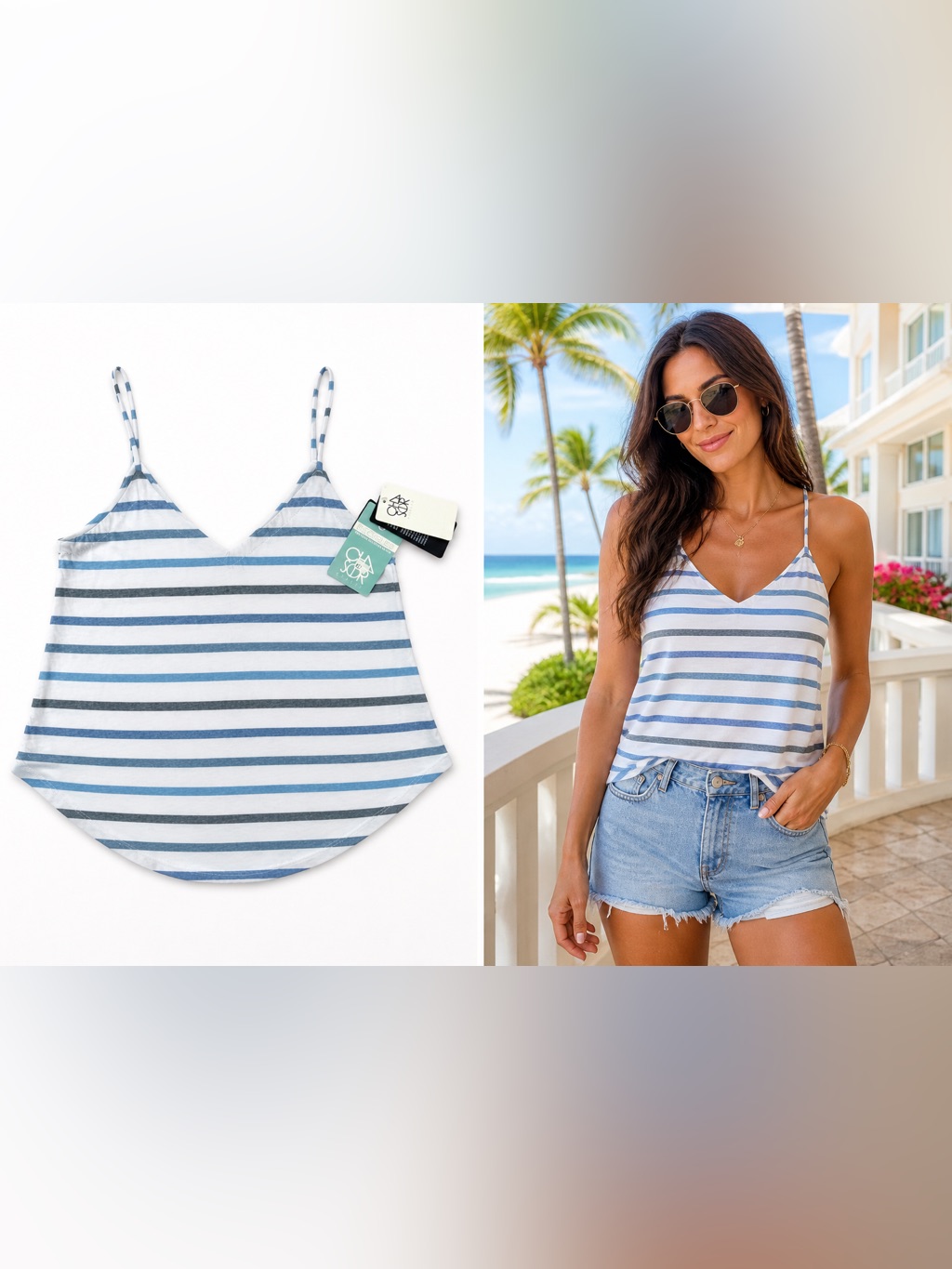 Chaser Ocean Ombr Striped Cami Tank Nwt Blue White Coastal V-Neck Spag Strap